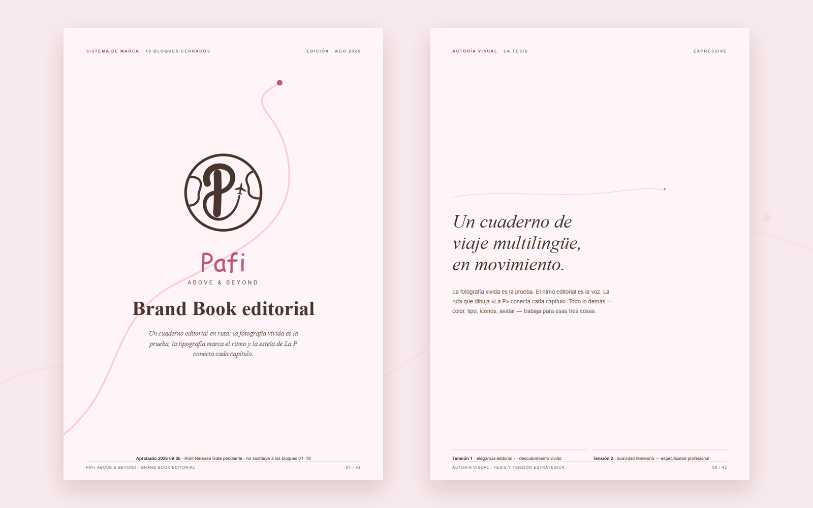 Doble página completa del Brand Book de Pafi con la portada y la tesis de autoría visual