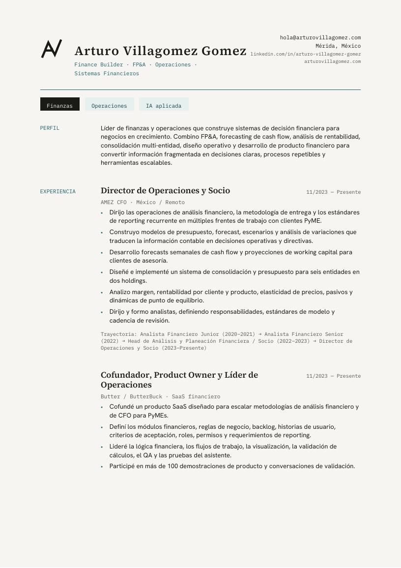 Página 1 del CV editorial: perfil, experiencia en AMEZ CFO y experiencia en Butter.